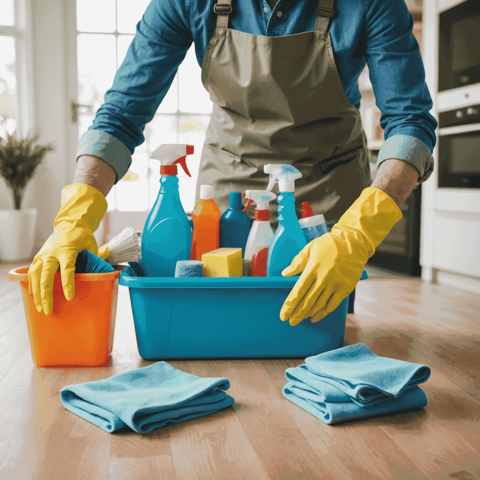 A person wearing rubber gloves and holding cleaning supplies, ready to tackle spring cleaning tasks in a bright and tidy home.