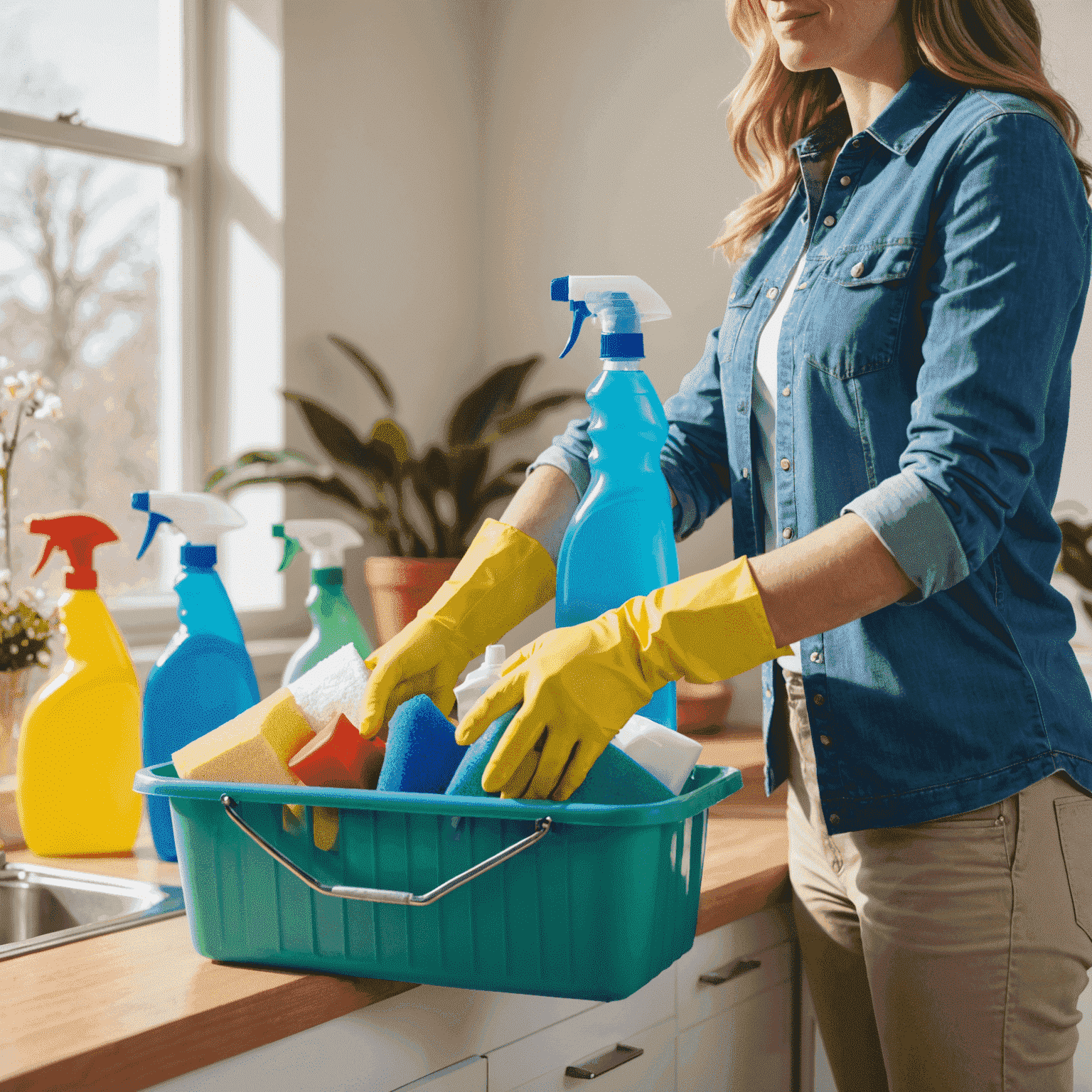 A person wearing rubber gloves and holding cleaning supplies, ready to tackle spring cleaning tasks in a bright, sunlit room.