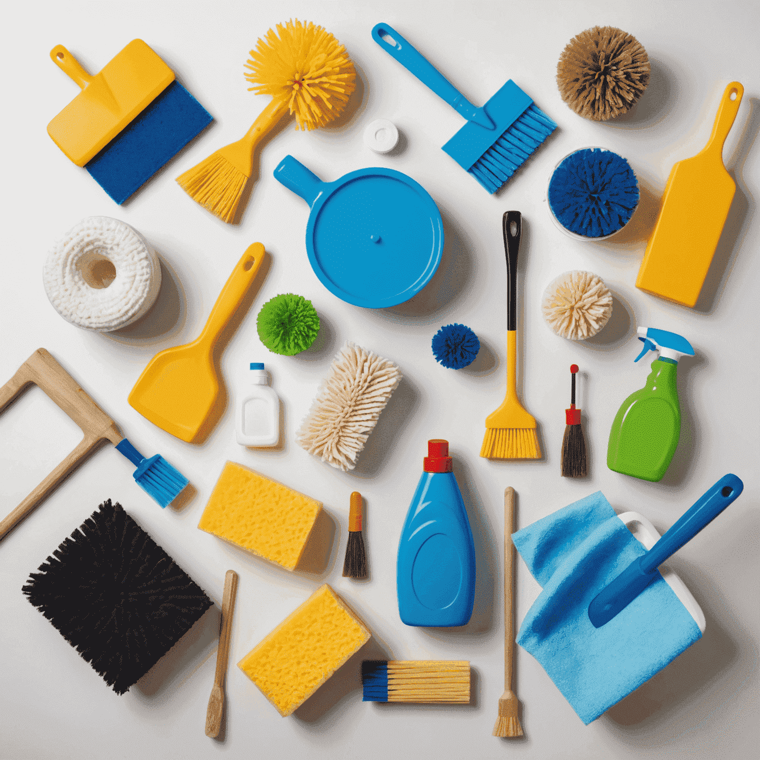 A collage of cleaning supplies and tools, including a mop, broom, sponges, and cleaning solutions, arranged neatly on a clean, white background.