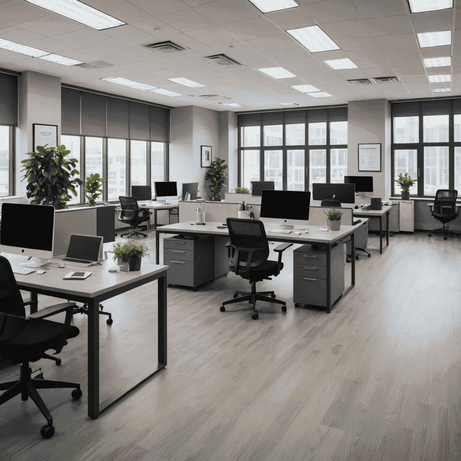 A team of professional cleaners thoroughly cleaning a modern office space, including desks, chairs, floors, and windows. The office looks spotless and well-maintained after their cleaning.