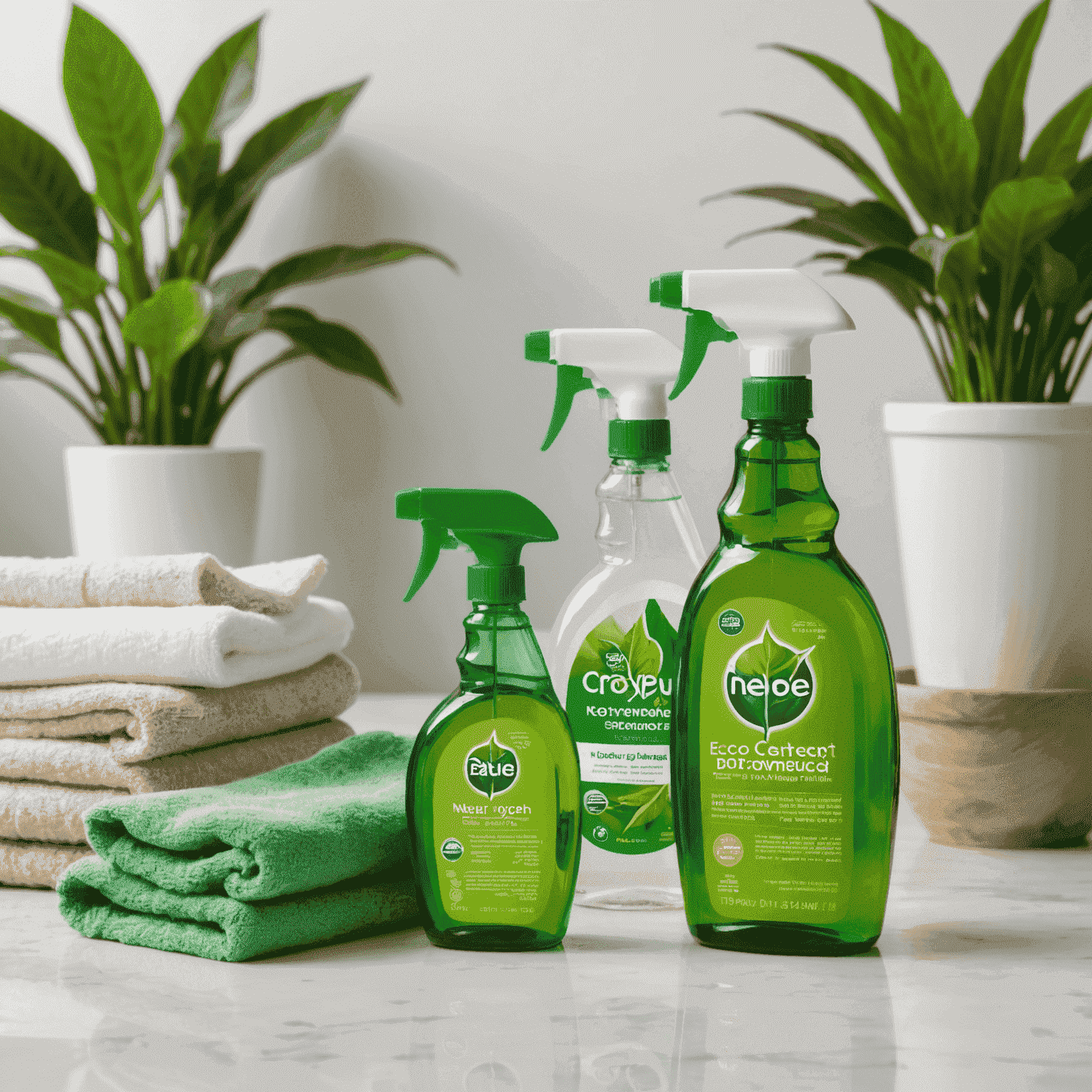 A variety of eco-friendly cleaning products including natural all-purpose cleaners, glass cleaners, and laundry detergents, displayed on a clean white surface with green plants in the background to represent environmental friendliness