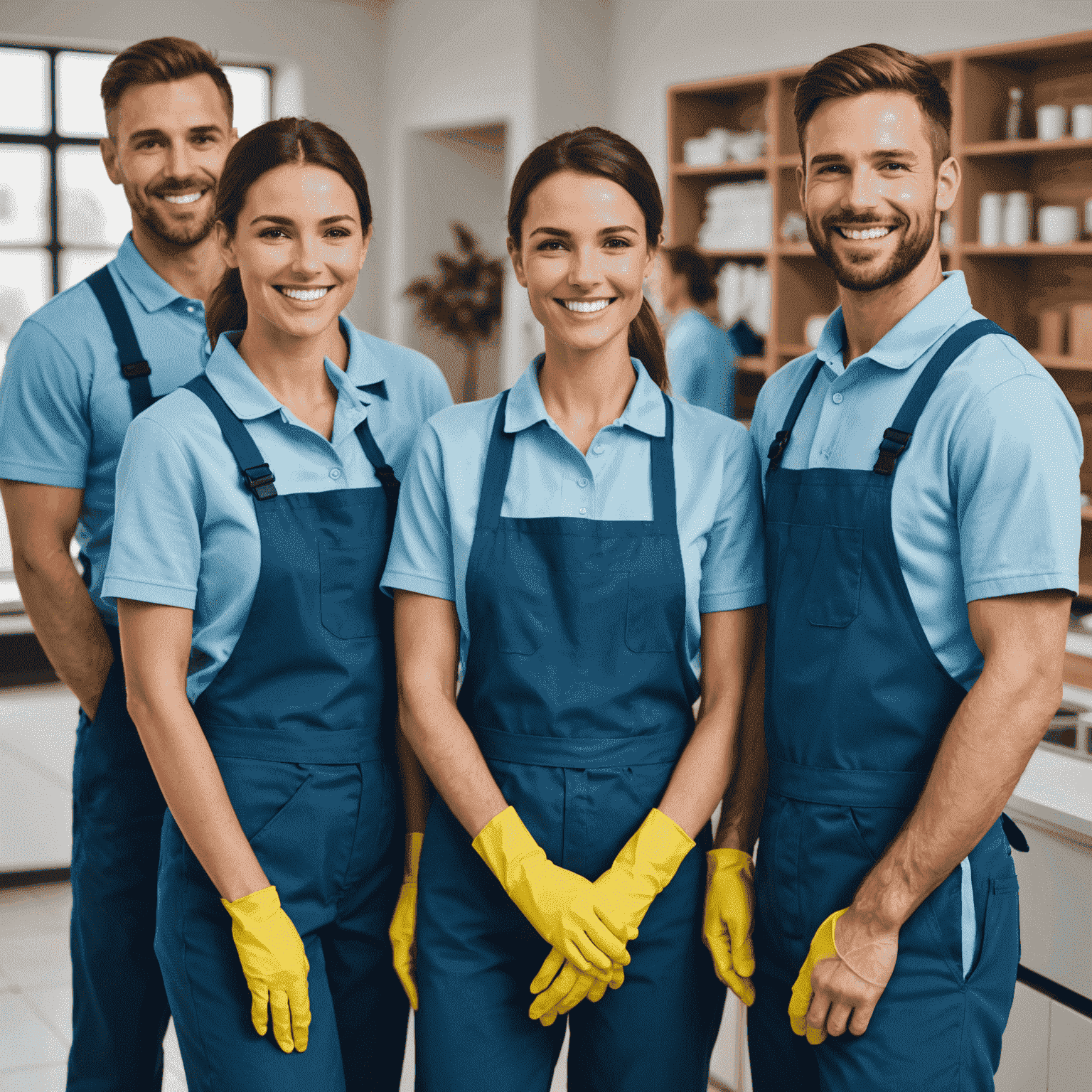 A team of professional cleaners in uniform standing together, smiling and looking confident and reliable