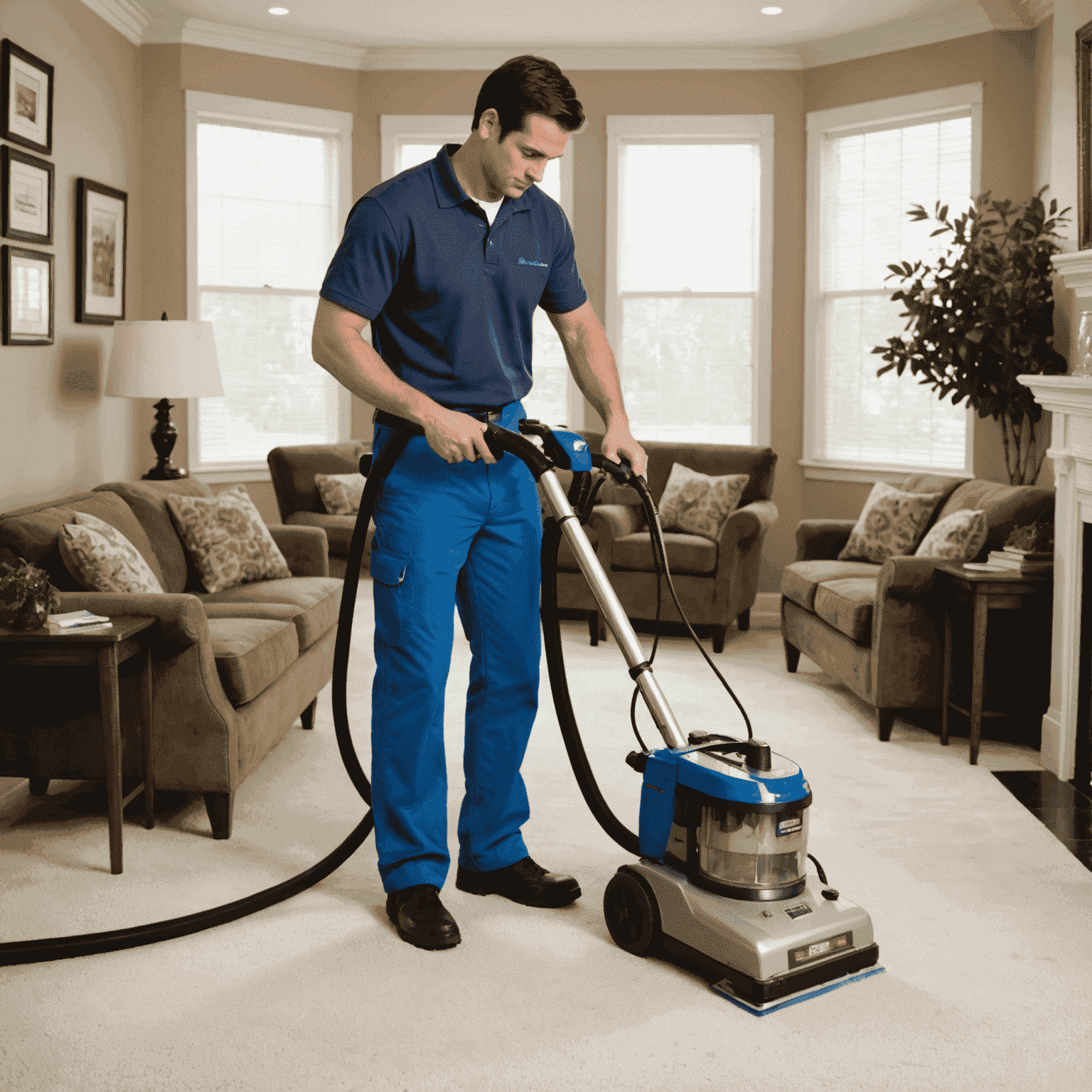 A professional carpet cleaner using a steam cleaning machine on a residential carpet. The carpet appears dirty before cleaning and much brighter and cleaner after the cleaning process.