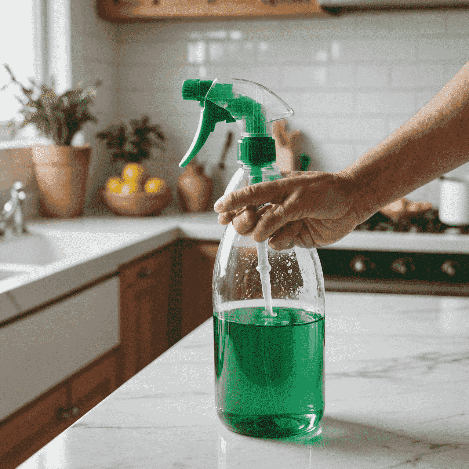 A person's hand holding a spray bottle filled with a homemade natural all-purpose cleaner, spraying it onto a kitchen countertop