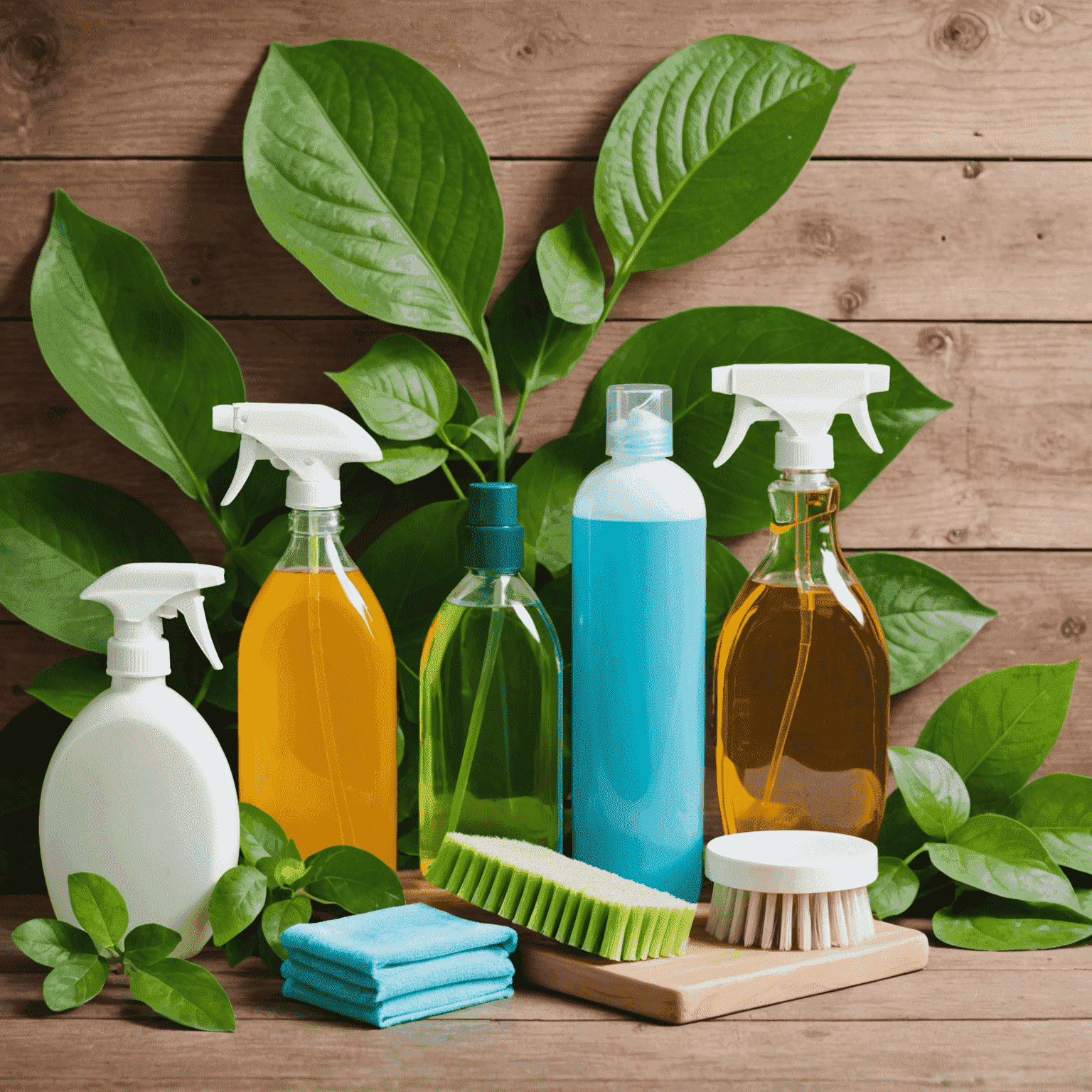 Various eco-friendly cleaning products arranged on a wooden surface with green leaves in the background.