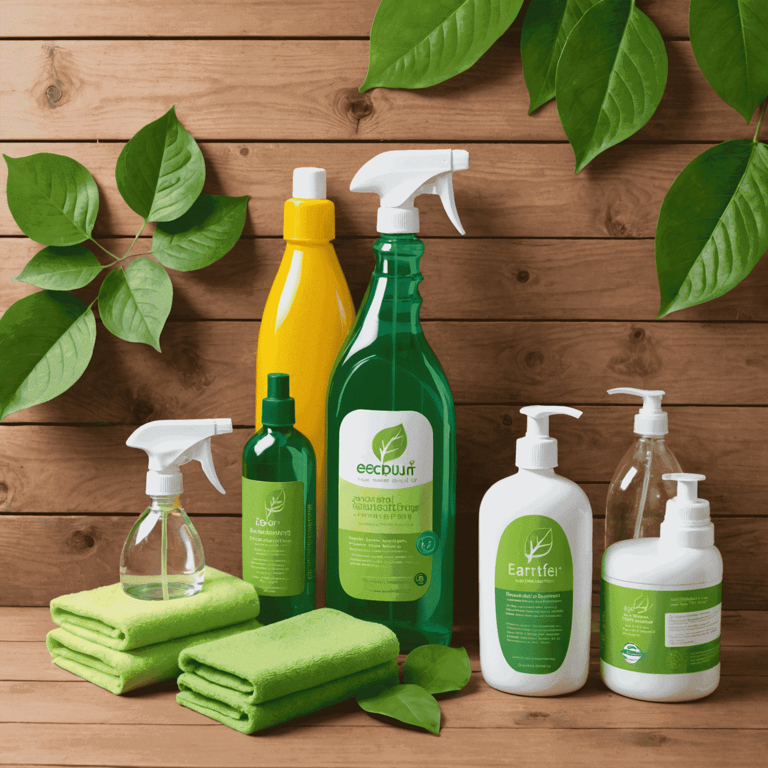 Various eco-friendly cleaning products arranged on a wooden surface with green leaves in the background.