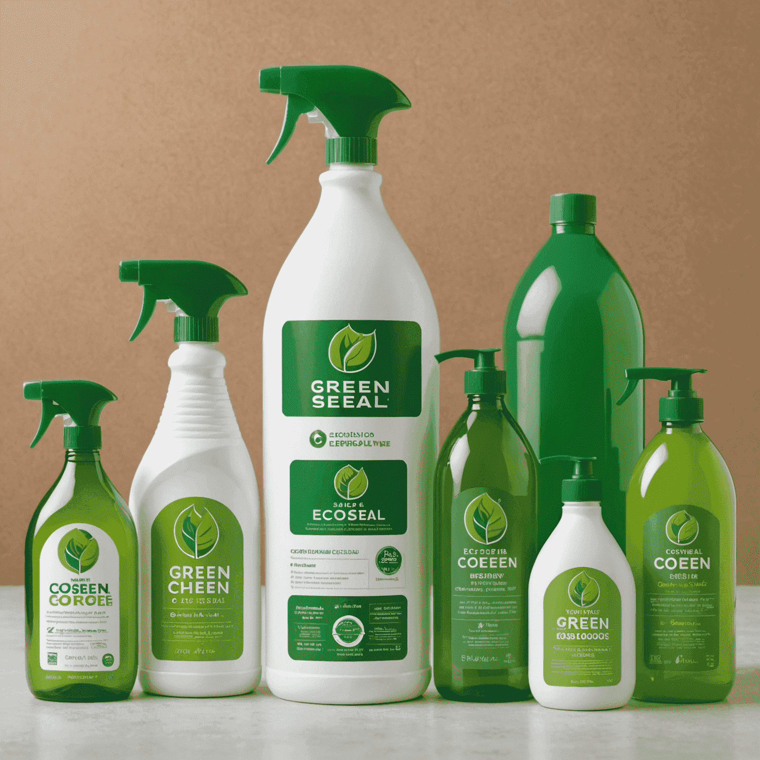 Various eco-friendly cleaning product bottles and containers displaying certification labels like Green Seal, EcoLogo, and Safer Choice