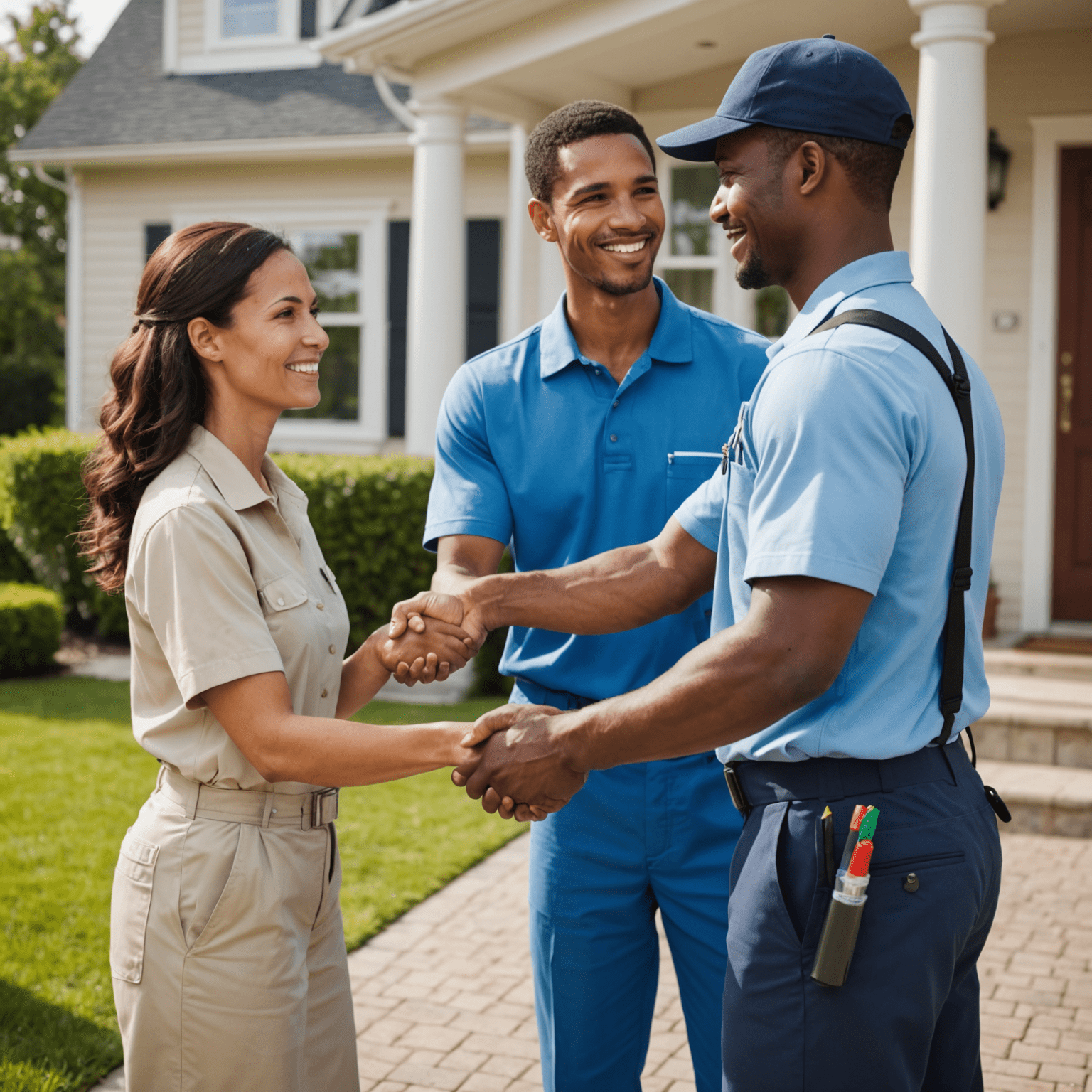 A professional cleaner in uniform shaking hands with a satisfied customer in front of a clean home.